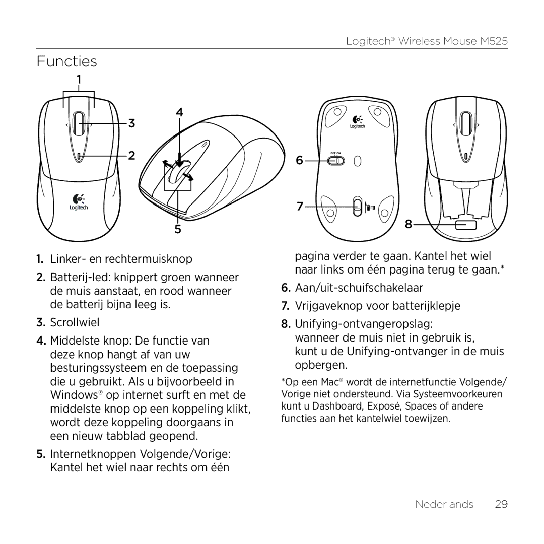 Logitech M525 manual Functies, Linker- en rechtermuisknop, Scrollwiel 