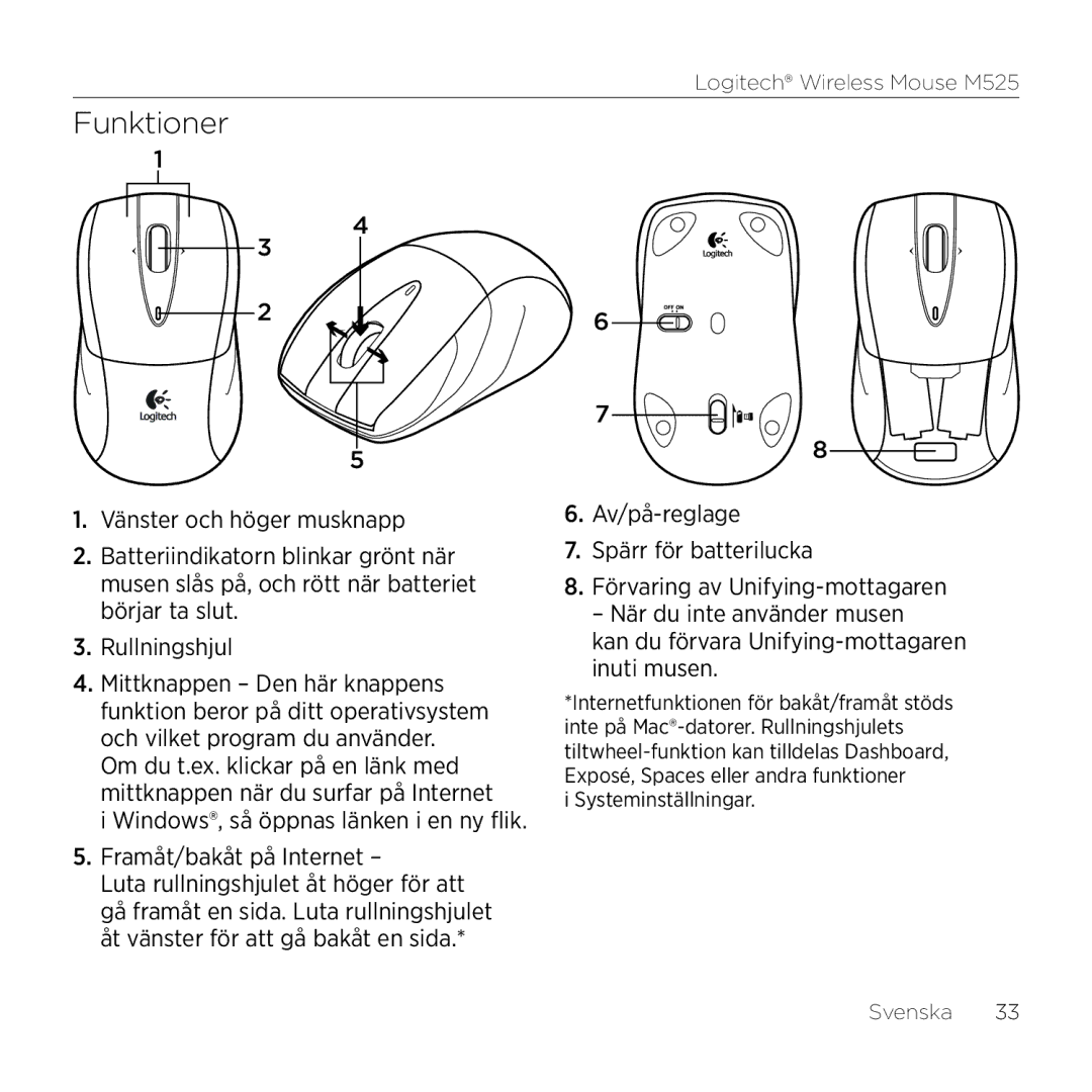 Logitech M525 manual Funktioner 