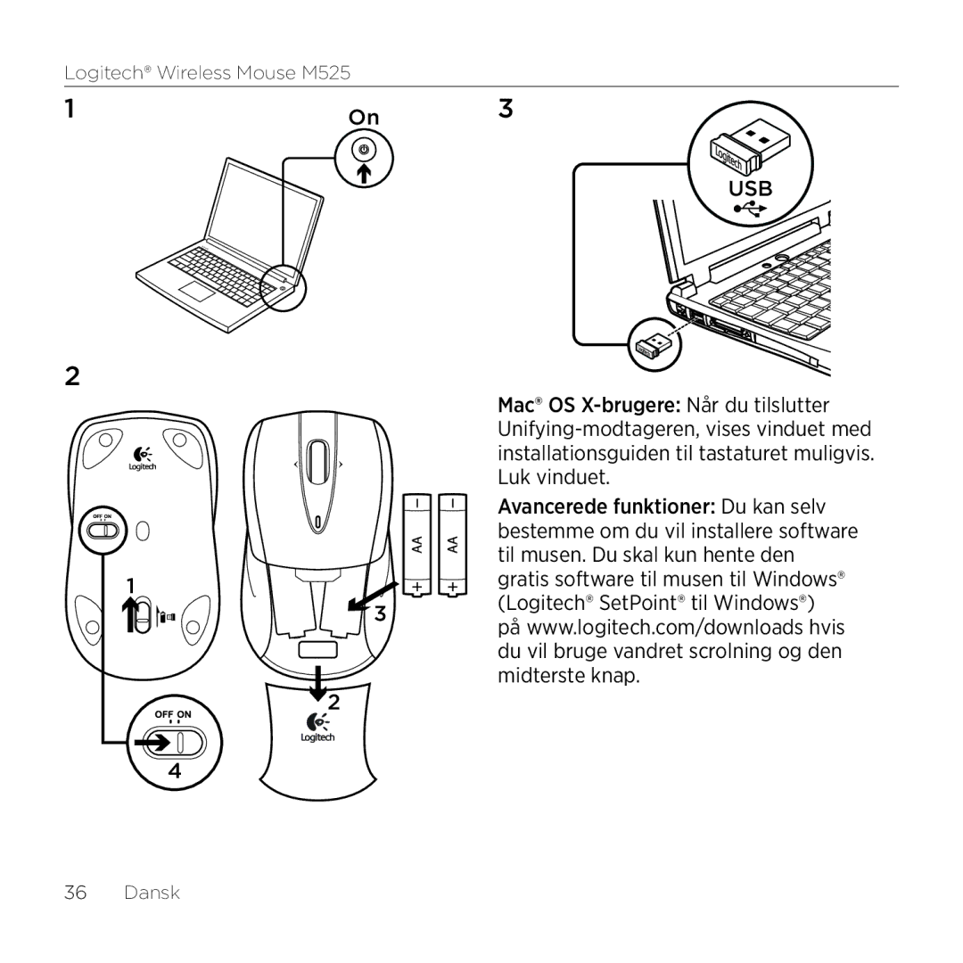 Logitech M525 manual Dansk 