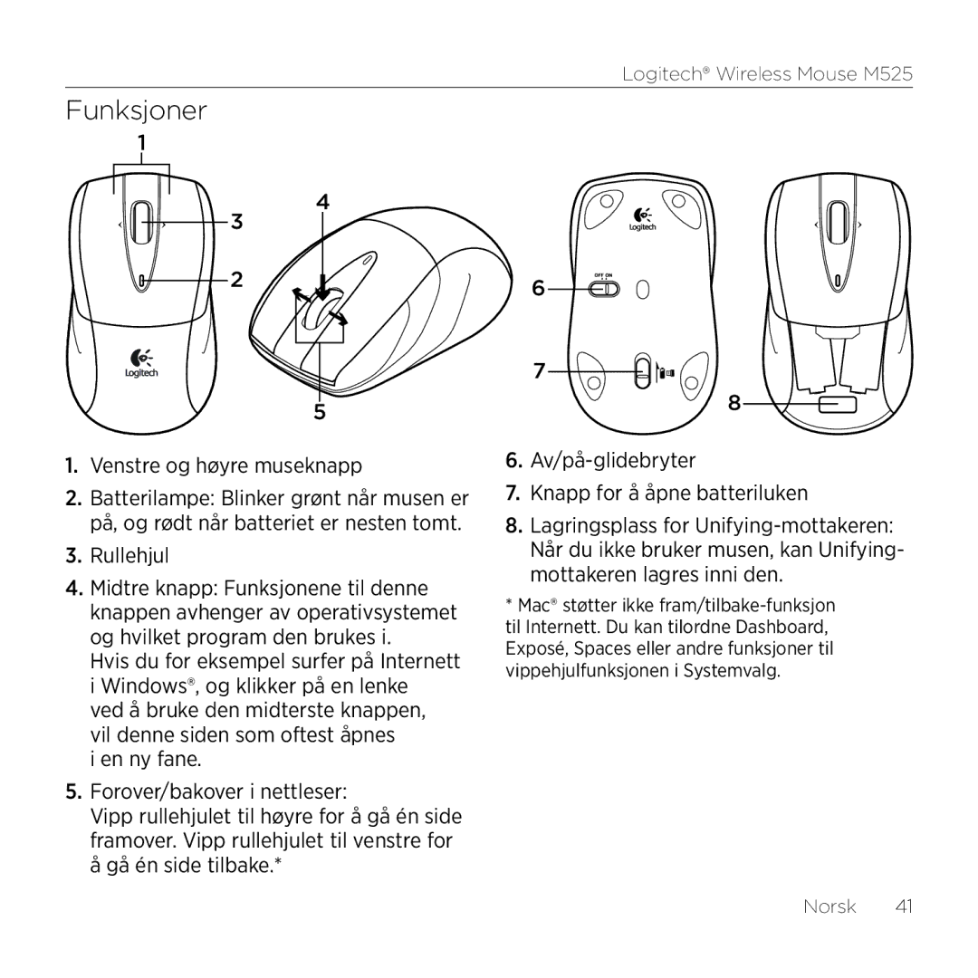 Logitech M525 manual Funksjoner, Venstre og høyre museknapp, Rullehjul 