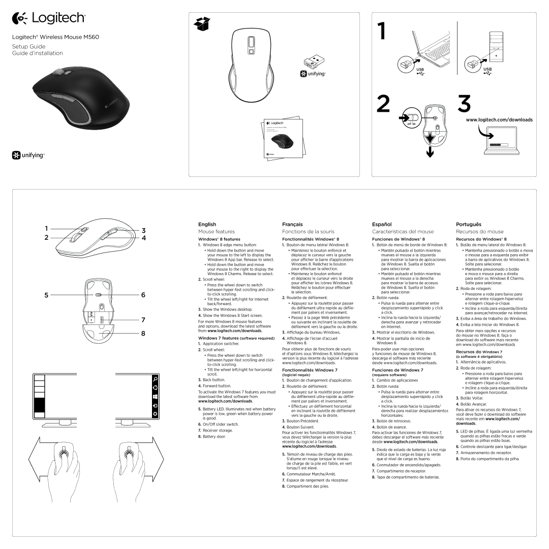 Logitech M560 setup guide English Mouse features, Français Fonctions de la souris, Español Características del mouse 