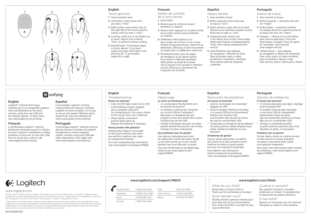 Logitech M600 Touch gestures, Français Gestes de contrôle de la zone tactile, Español Gestos táctiles, Français Dépannage 