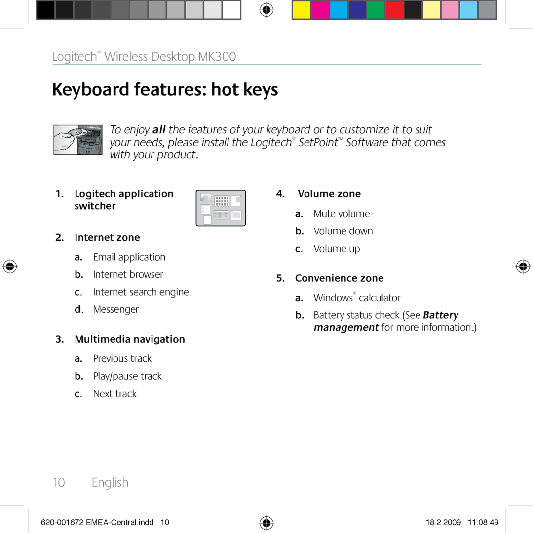 Logitech MK300 manual Keyboard features hot keys, Internet zone, Multimedia navigation, Volume zone, Convenience zone 