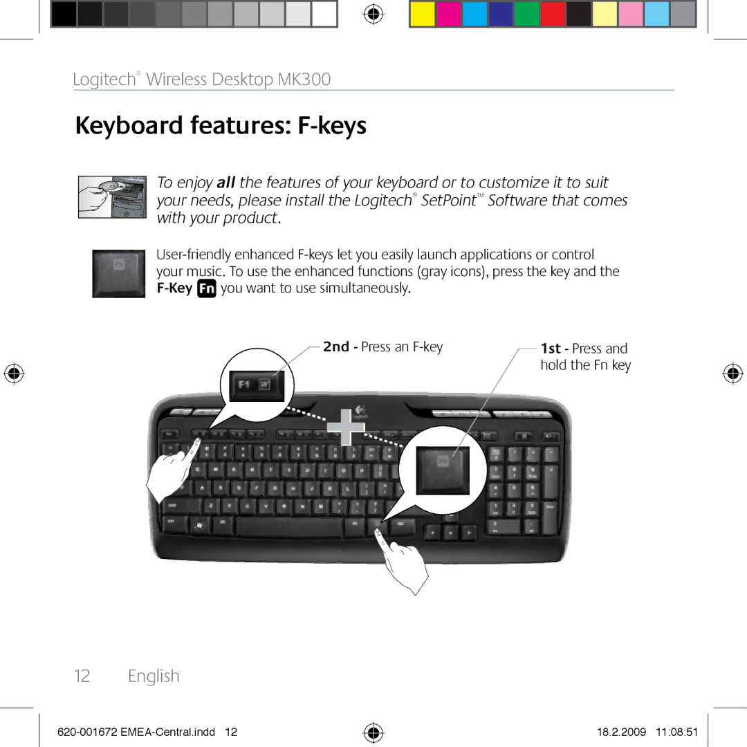 Logitech MK300 manual Keyboard features F-keys 