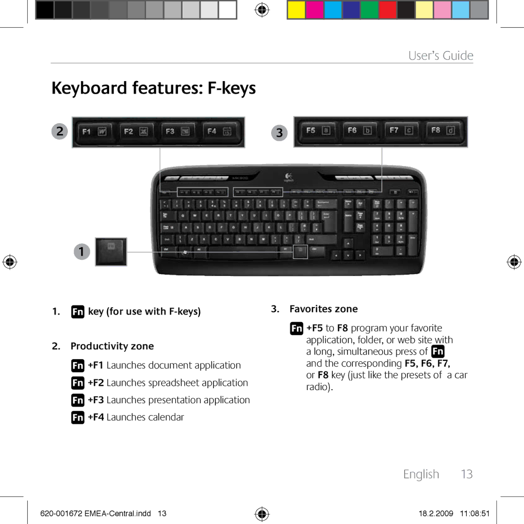 Logitech MK300 manual Fn key for use with F-keys Productivity zone, Favorites zone 