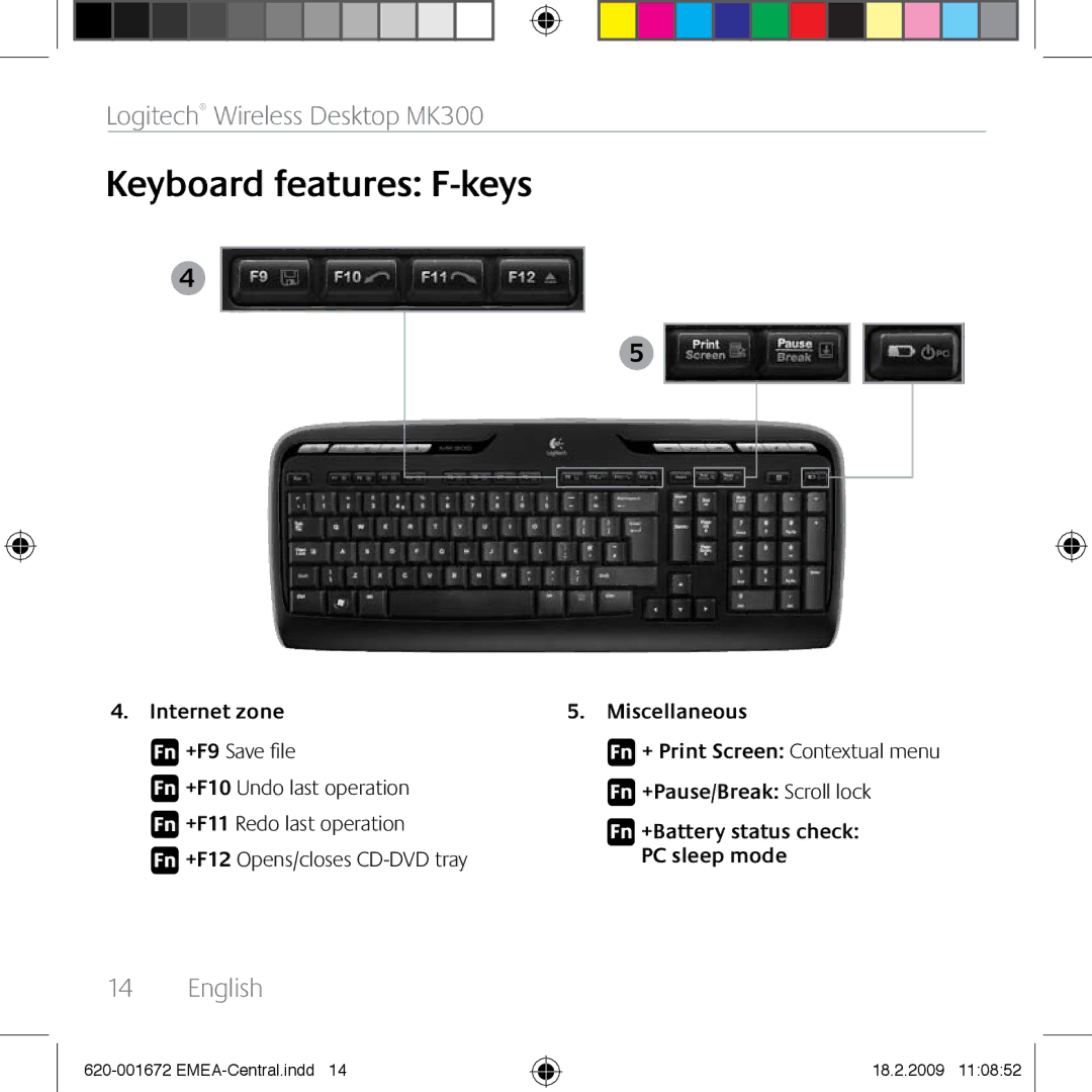 Logitech MK300 manual Internet zone Miscellaneous Fn +F9 Save file 