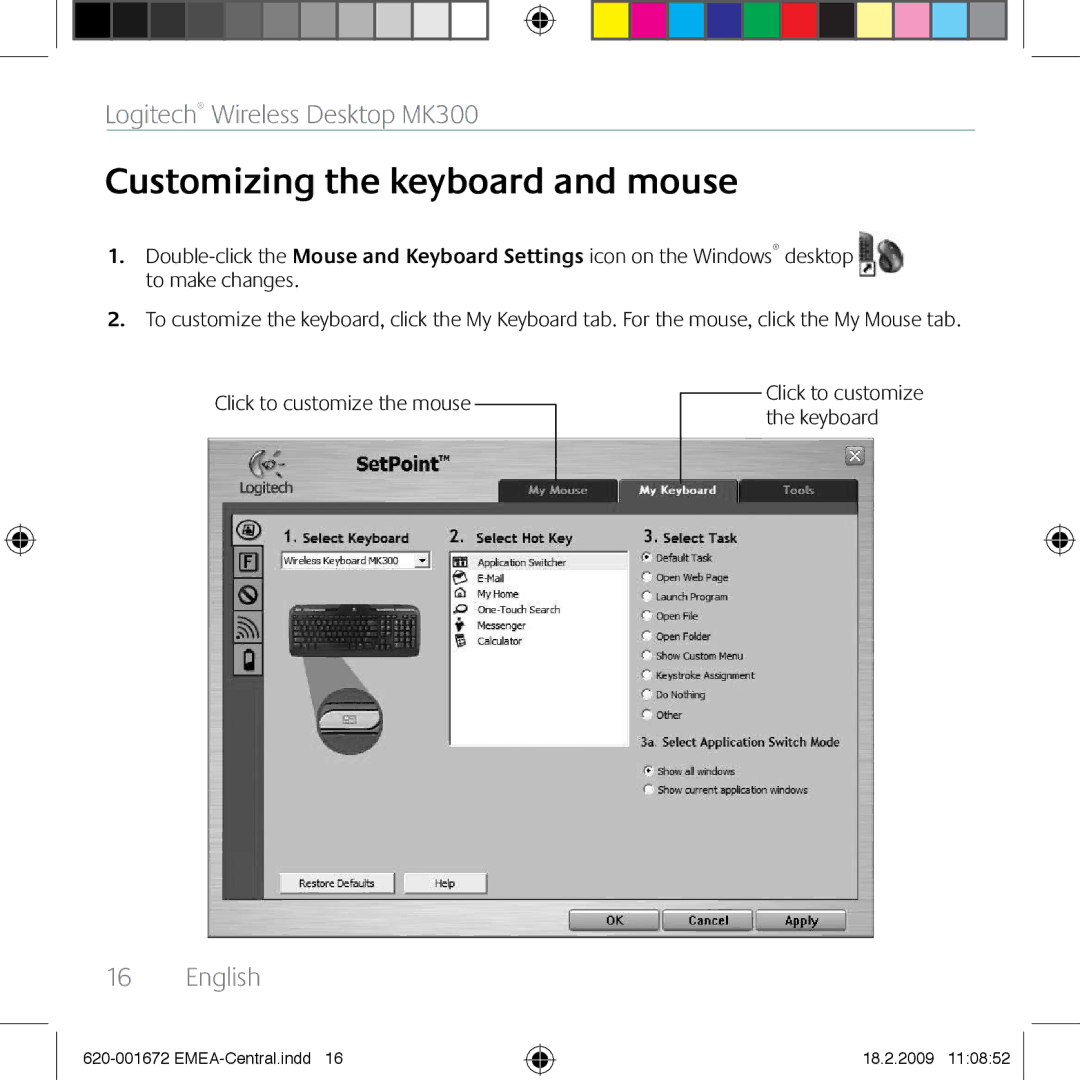 Logitech MK300 manual Customizing the keyboard and mouse 