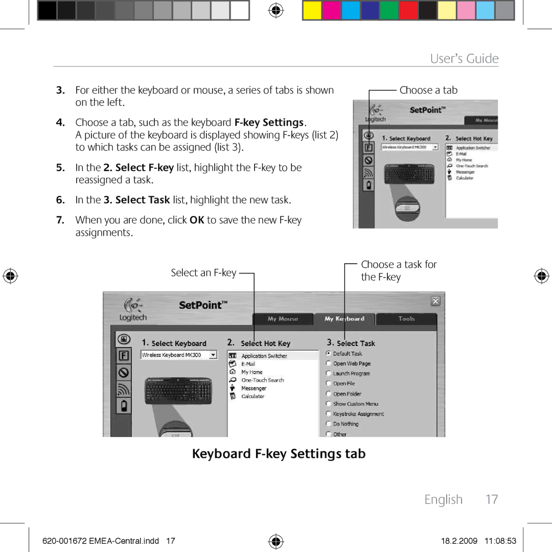 Logitech MK300 manual Keyboard F-key Settings tab 