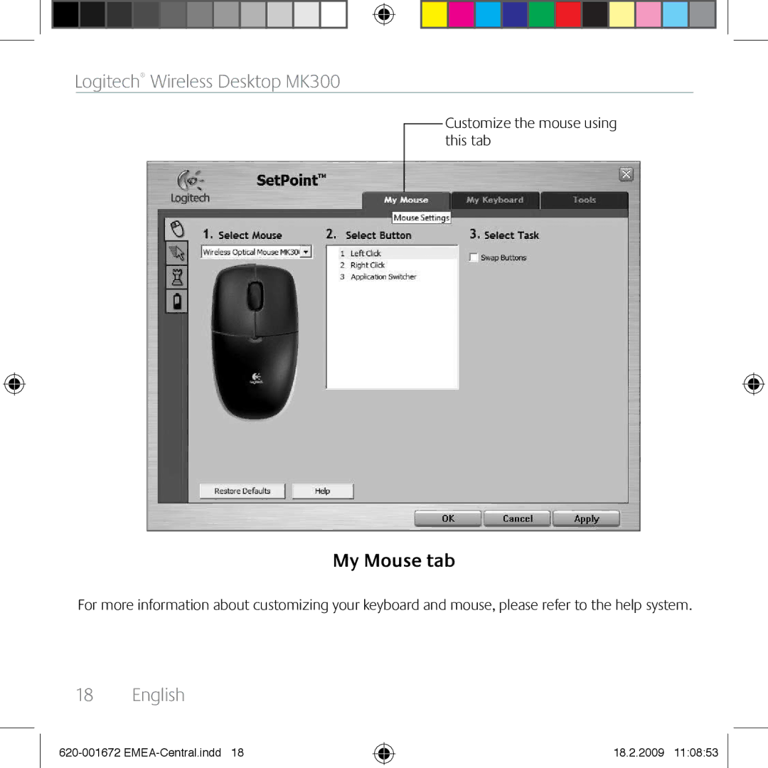 Logitech MK300 manual My Mouse tab, Customize the mouse using this tab 