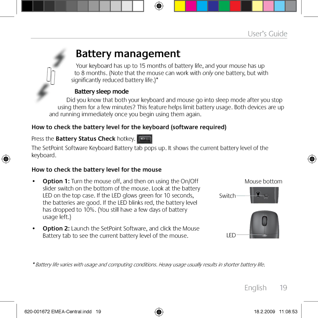 Logitech MK300 manual Battery management, Battery sleep mode, How to check the battery level for the mouse 