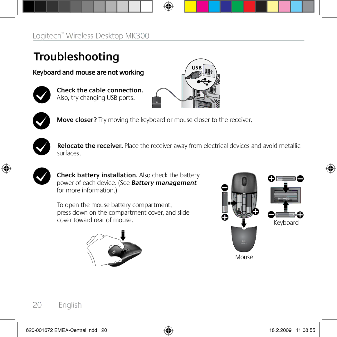 Logitech MK300 manual Troubleshooting, Keyboard and mouse are not working 