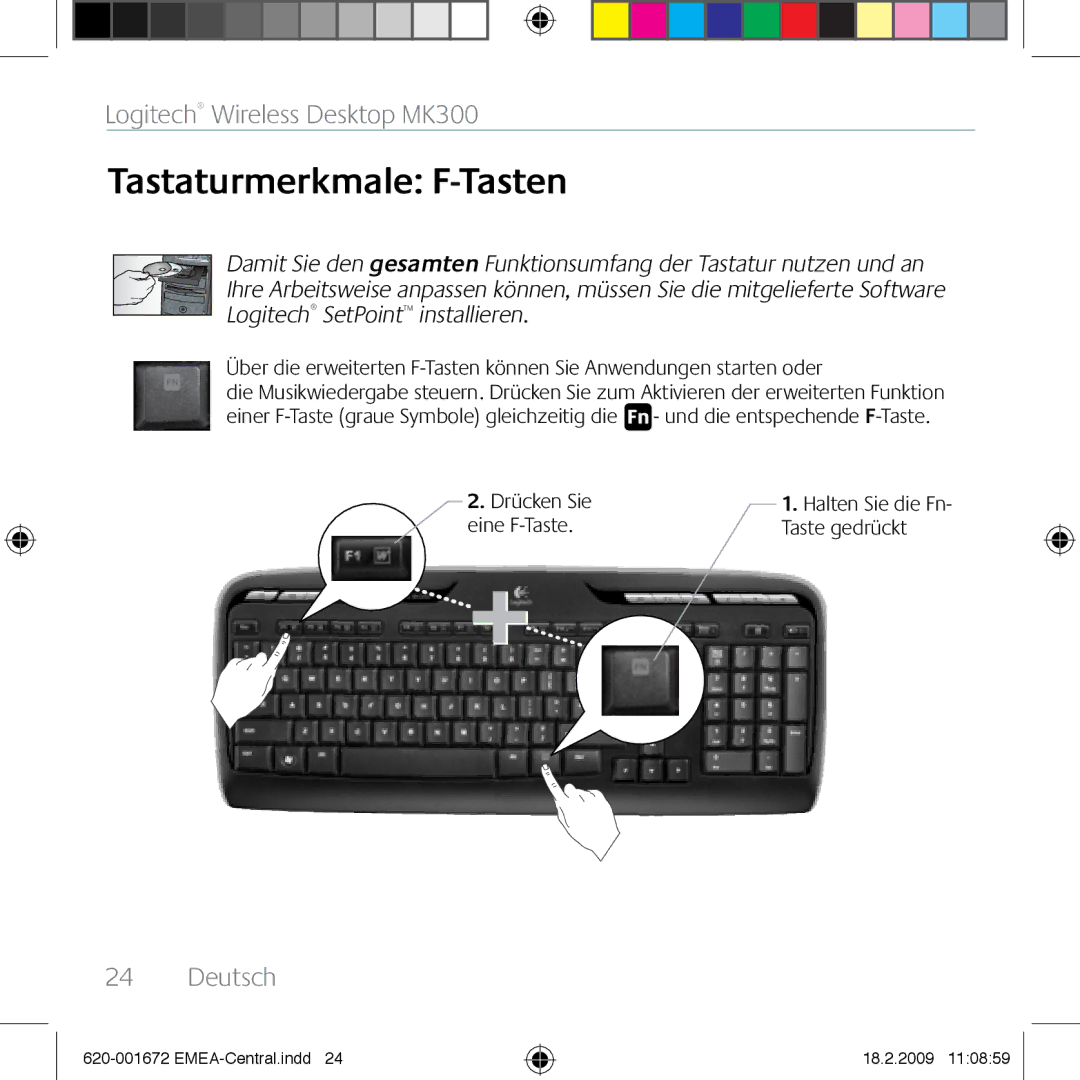 Logitech MK300 manual Tastaturmerkmale F-Tasten, Drücken Sie, Eine F-Taste Taste gedrückt 