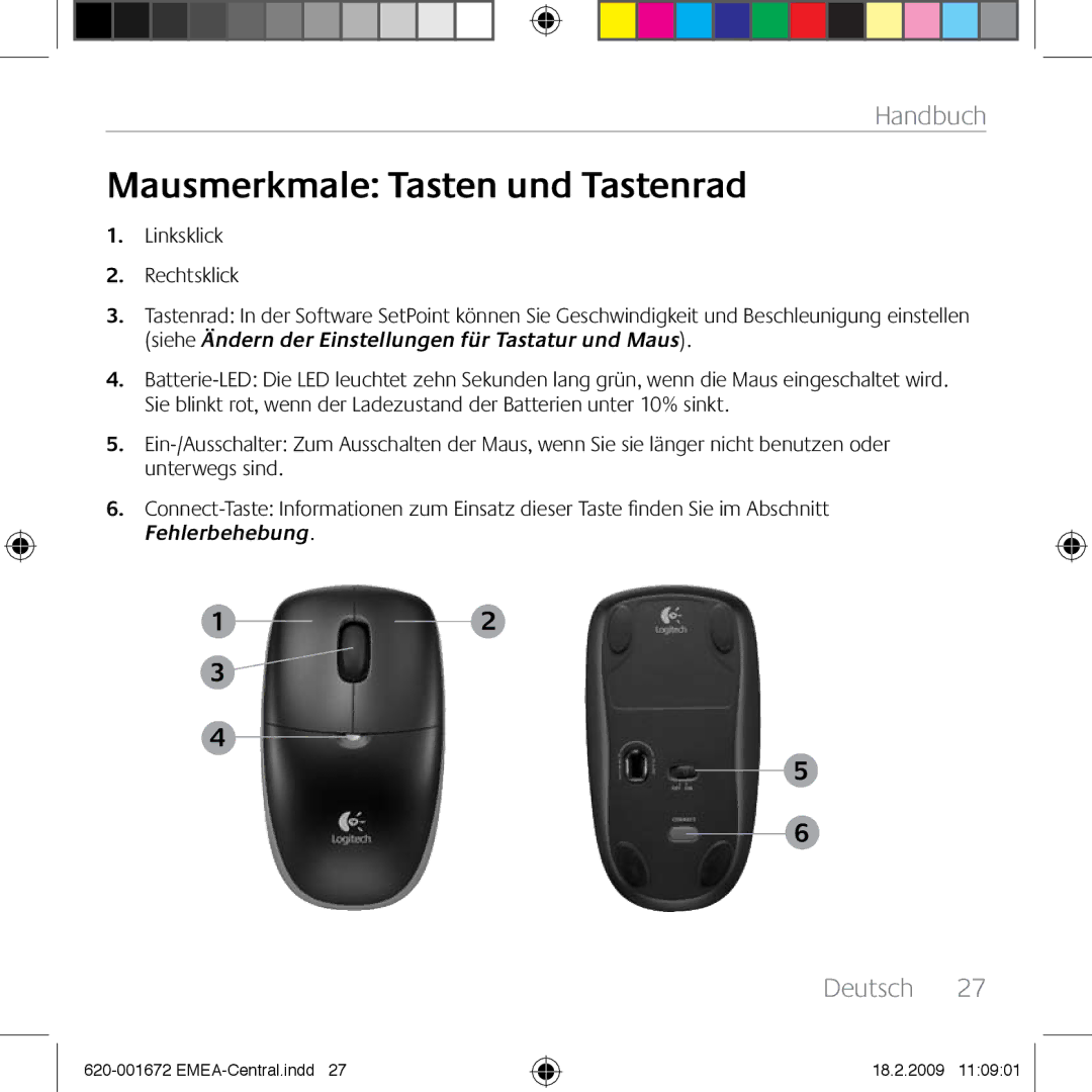 Logitech MK300 manual Mausmerkmale Tasten und Tastenrad, Linksklick Rechtsklick 