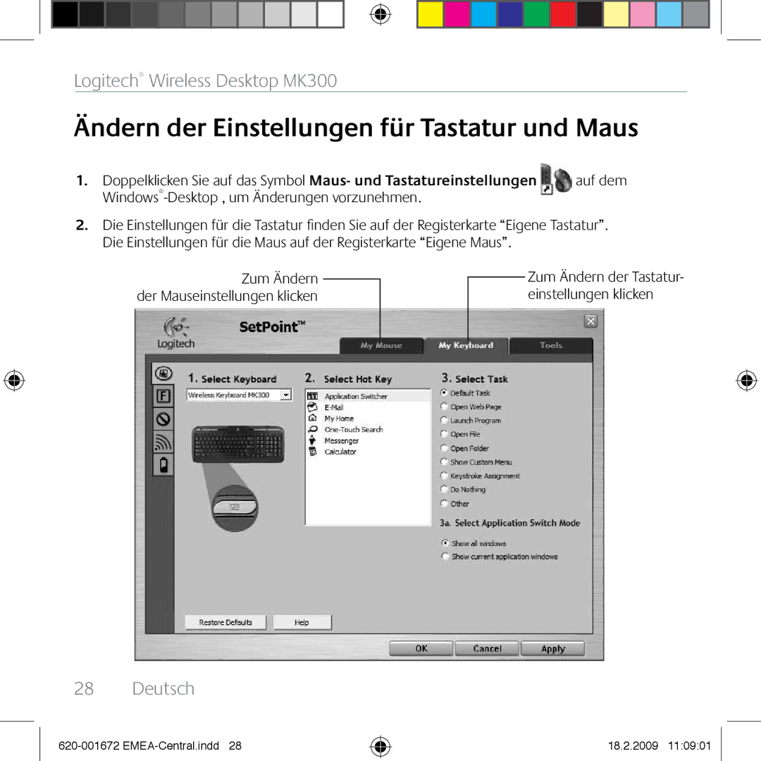 Logitech MK300 manual Ändern der Einstellungen für Tastatur und Maus, Windows -Desktop , um Änderungen vorzunehmen 