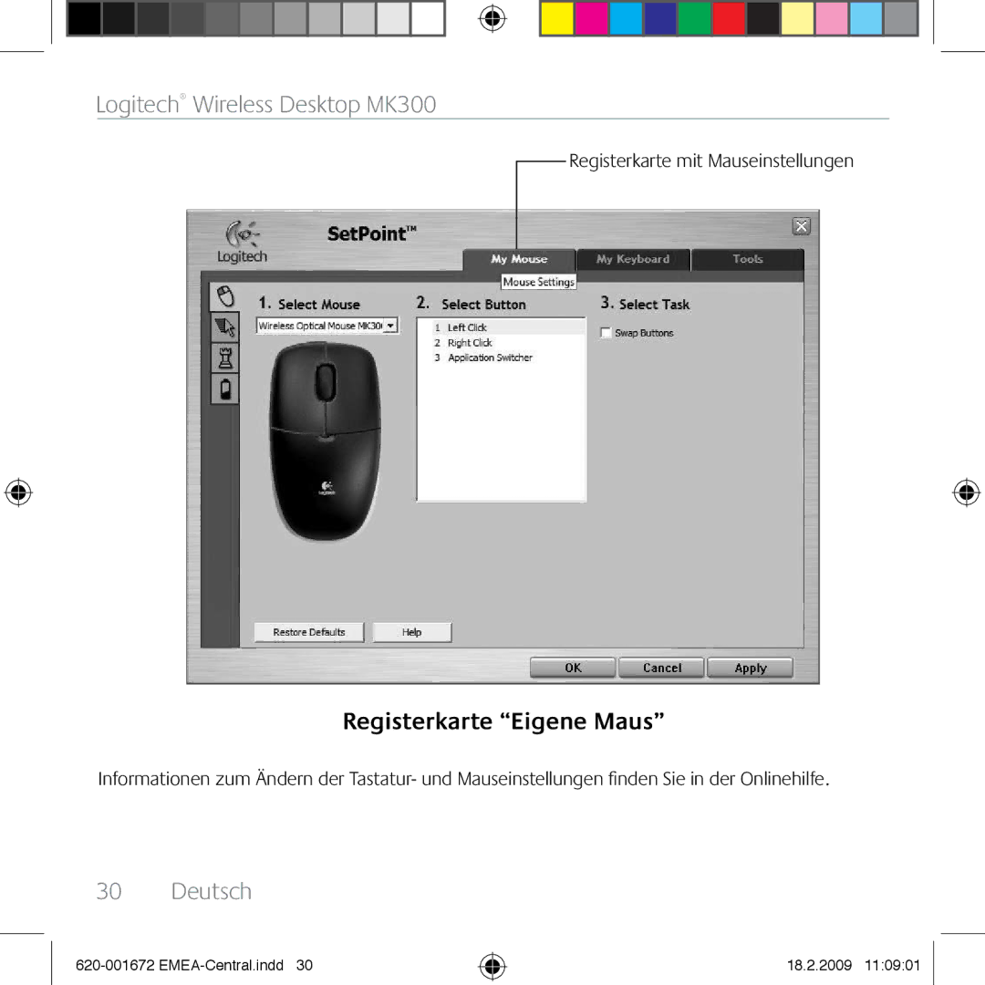 Logitech MK300 manual Registerkarte Eigene Maus, Registerkarte mit Mauseinstellungen 