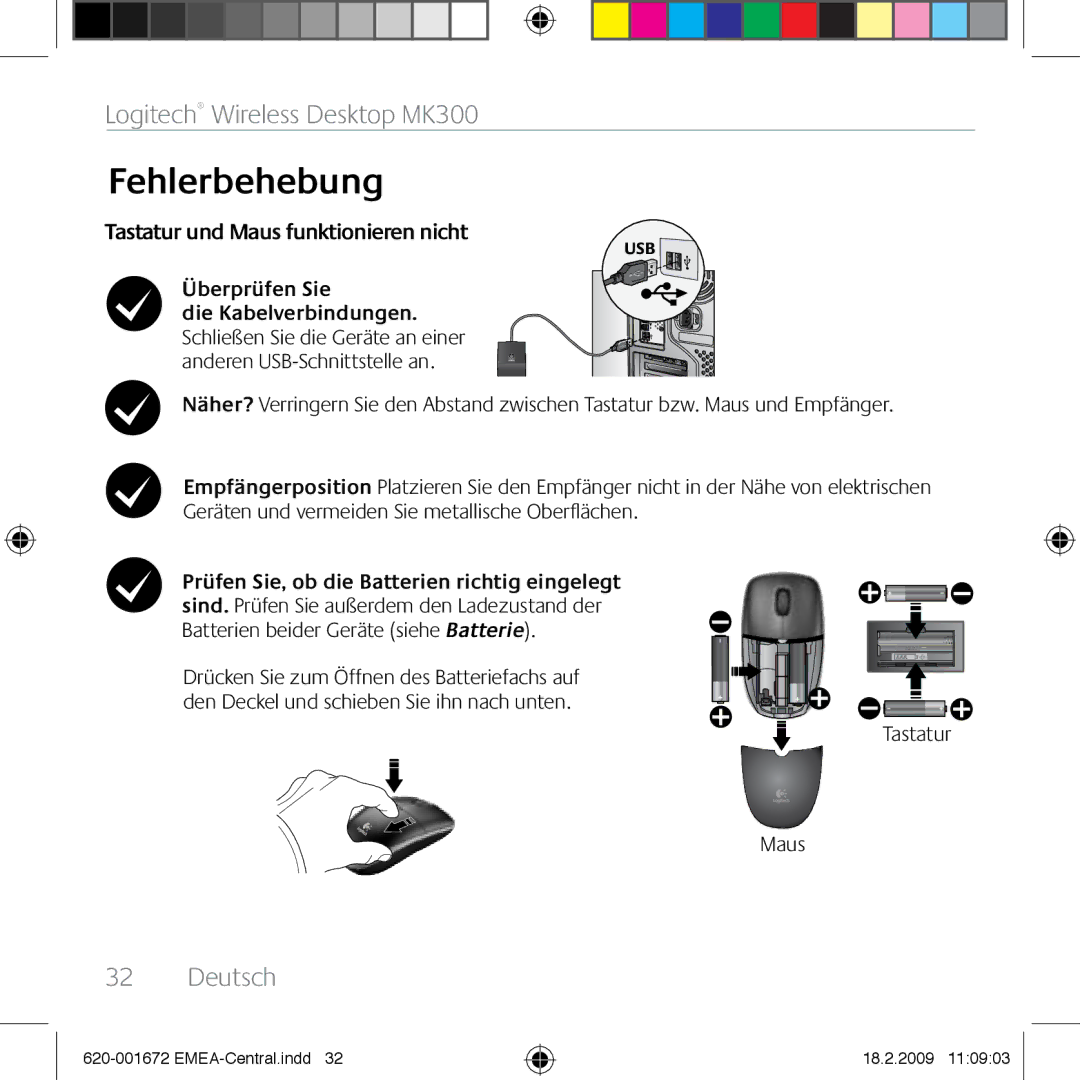 Logitech MK300 manual Fehlerbehebung, Tastatur und Maus funktionieren nicht Überprüfen Sie, Tastatur Maus 