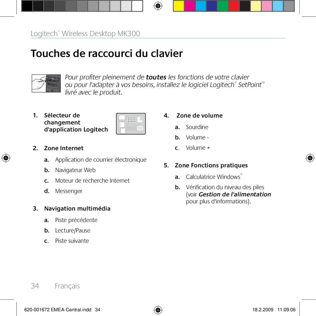 Logitech MK300 manual Touches de raccourci du clavier, Zone Internet, Navigation multimédia, Zone de volume 