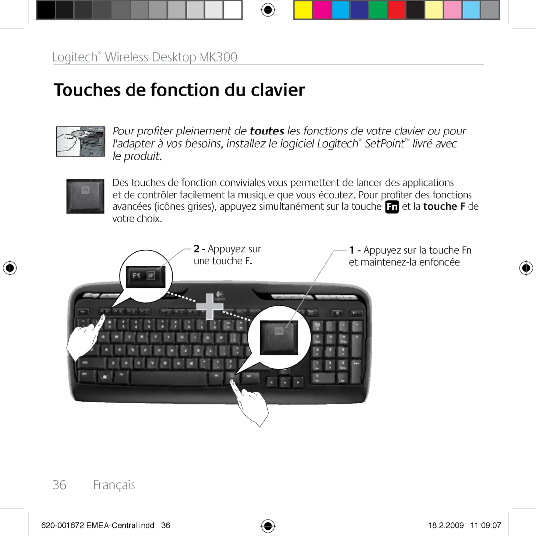 Logitech MK300 manual Touches de fonction du clavier, Une touche F Et maintenez-la enfoncée 