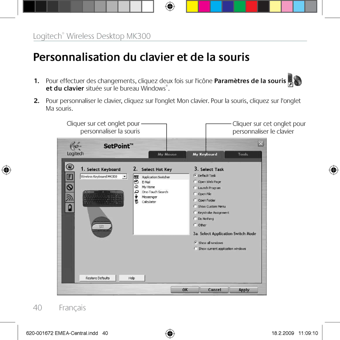 Logitech MK300 manual Personnalisation du clavier et de la souris 