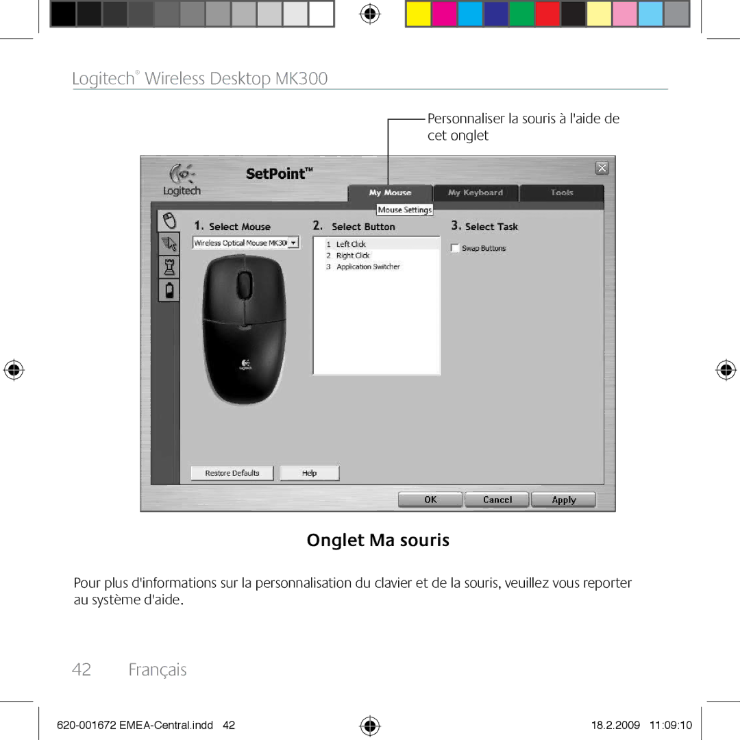 Logitech MK300 manual Onglet Ma souris, Personnaliser la souris à laide de cet onglet 