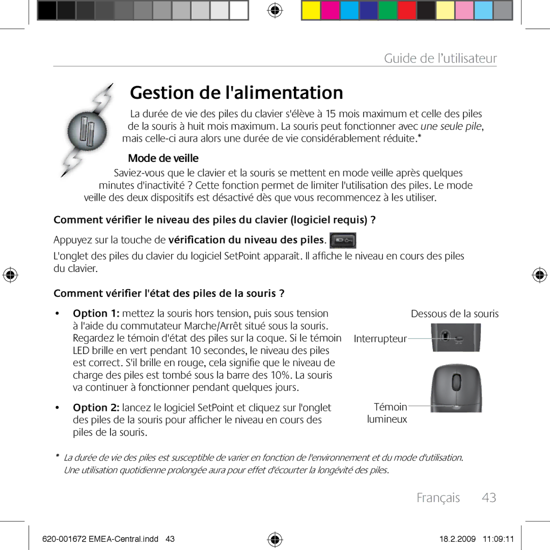 Logitech MK300 manual Gestion de lalimentation, Mode de veille, Comment vérifier létat des piles de la souris ? 