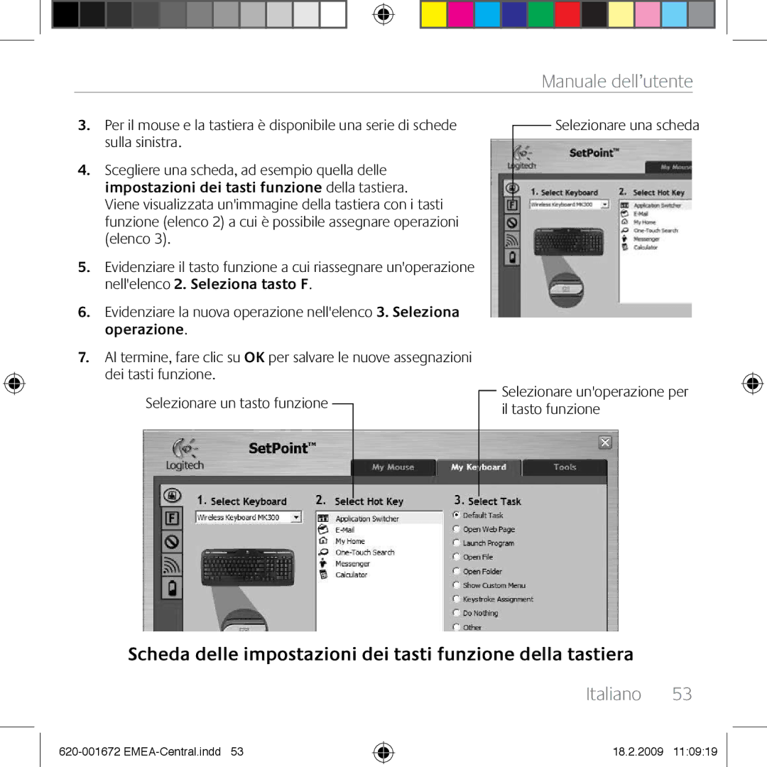 Logitech MK300 manual Scheda delle impostazioni dei tasti funzione della tastiera 