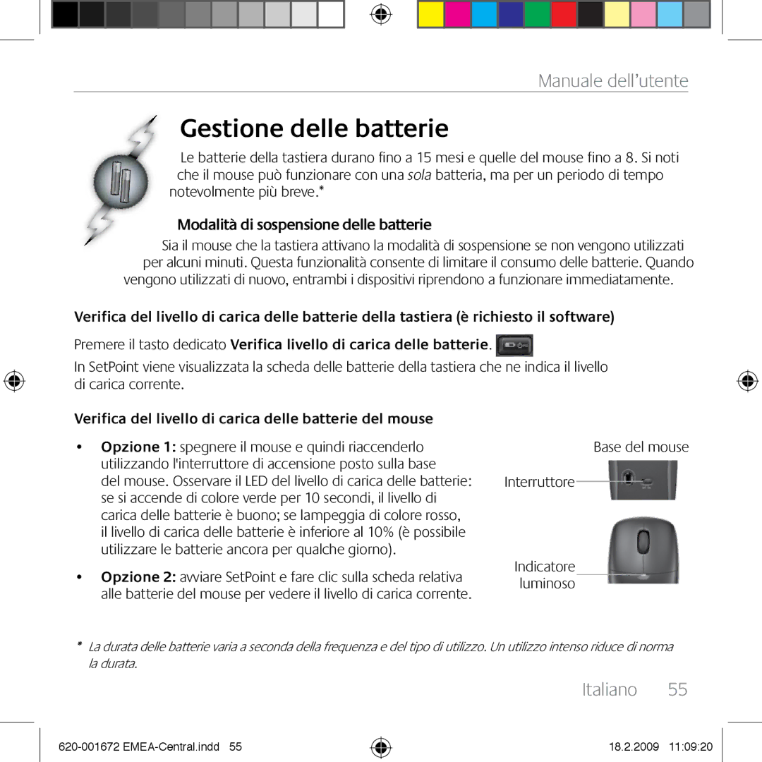 Logitech MK300 manual Gestione delle batterie, Modalità di sospensione delle batterie 