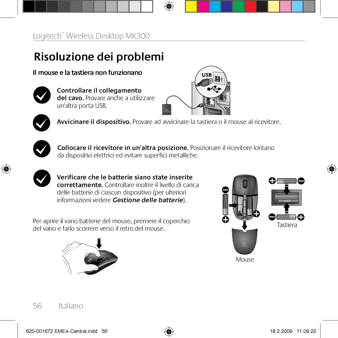 Logitech MK300 manual Risoluzione dei problemi, Il mouse e la tastiera non funzionano, Tastiera Mouse 