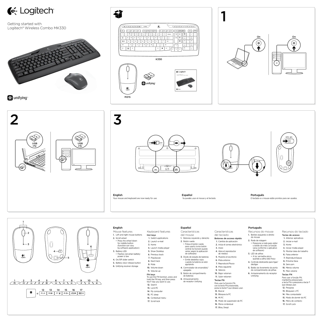 Logitech MK320 manual English Español Português, English Mouse features, Keyboard features, Características del teclado 