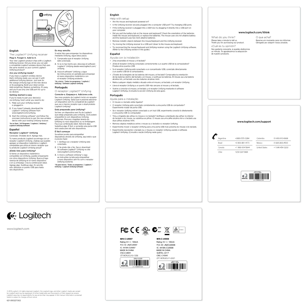 Logitech MK320 manual English Logitech Unifying receiver, Português Receptor Logitech Unifying, English Help with setup 