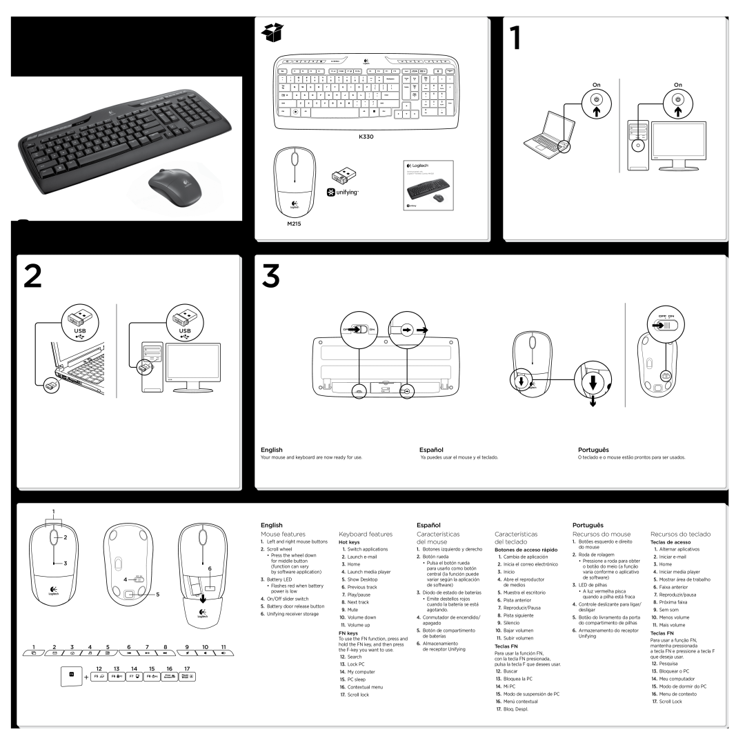 Logitech MK320 manual Português, English Mouse features, Keyboard features, Español Características del mouse 