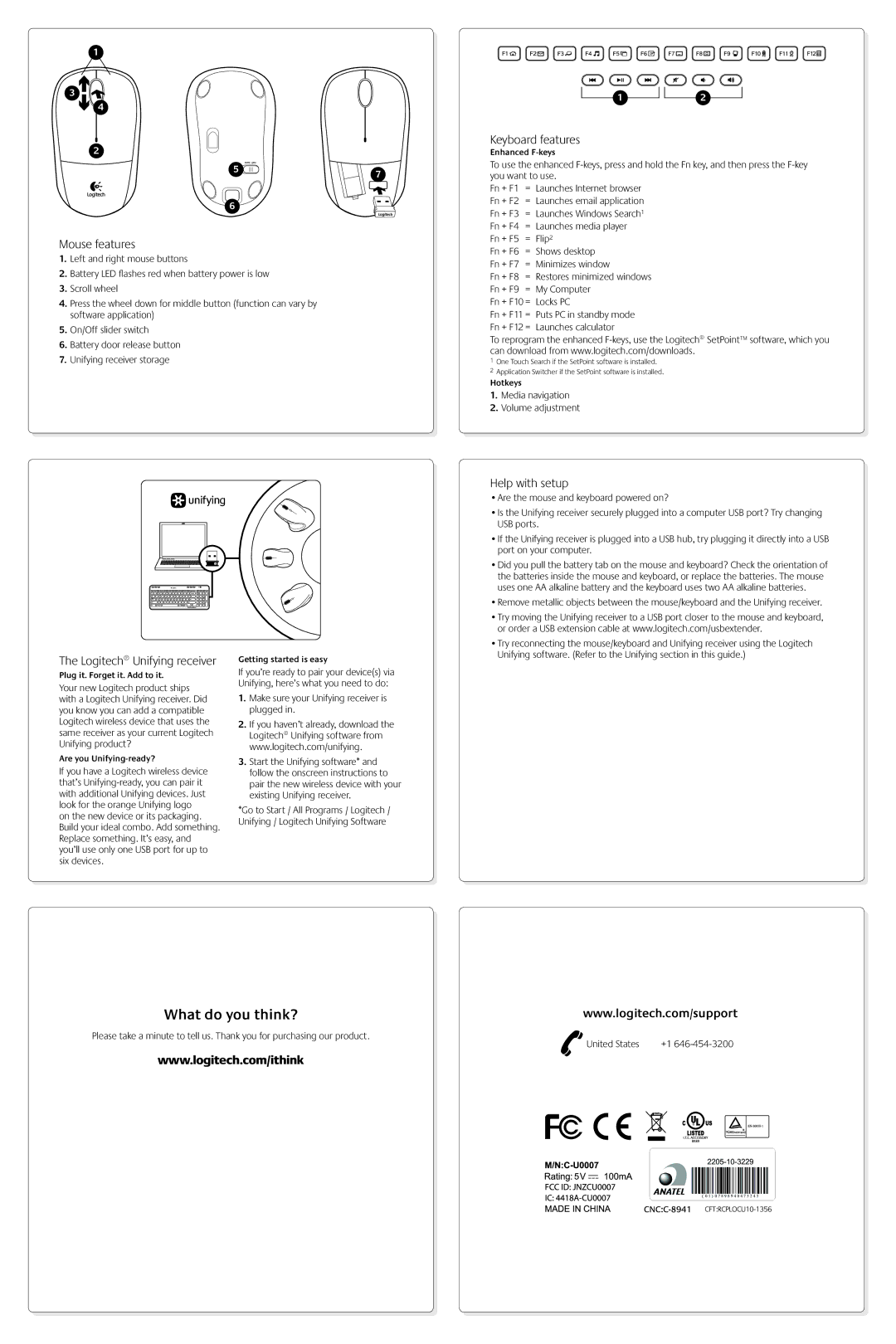 Logitech MK360 manual Keyboard features, Mouse features, Logitech Unifying receiver, Help with setup 