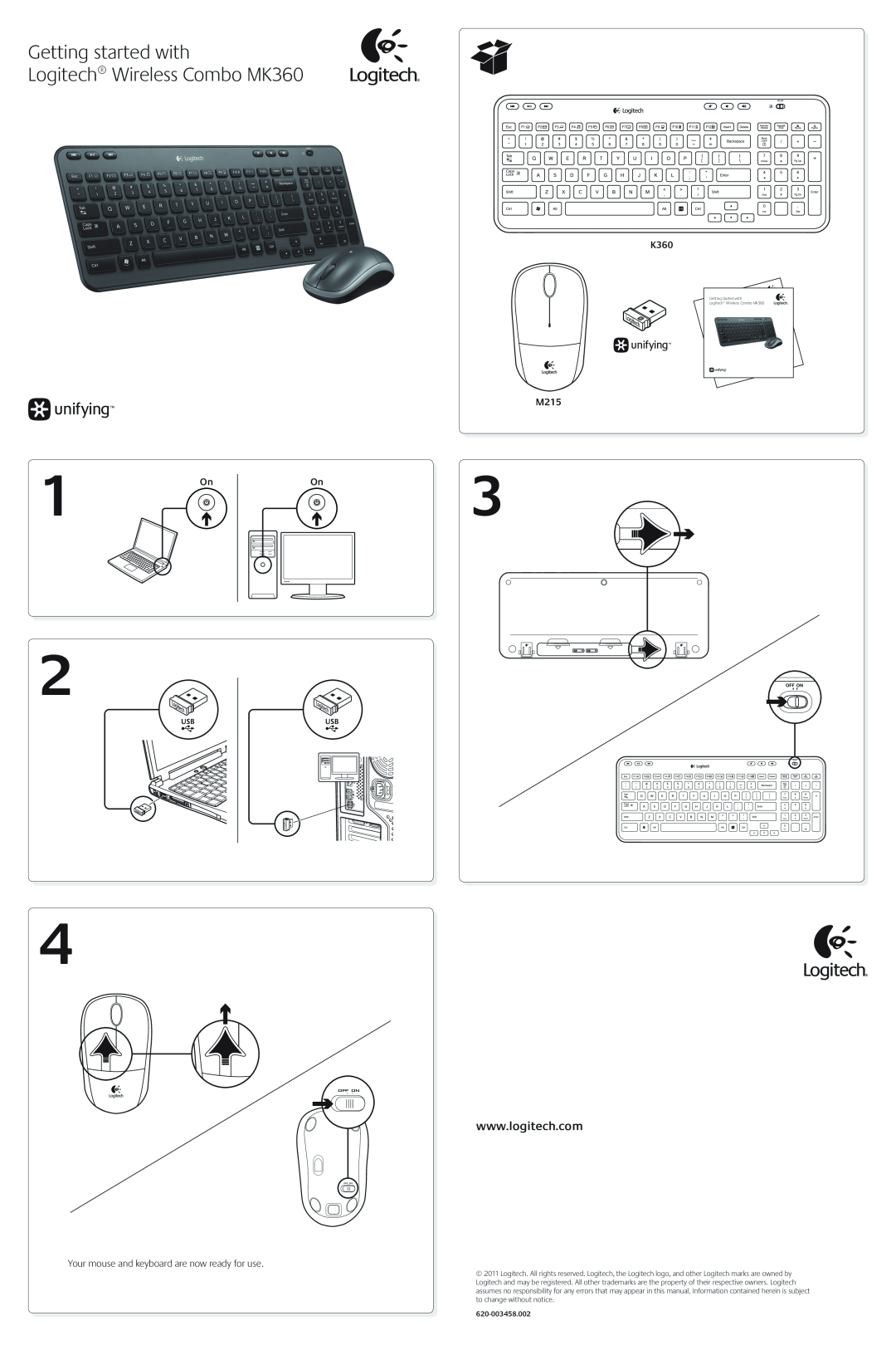 Logitech manual Getting started with Logitech Wireless Combo MK360, M215, OnOn, 620-003458.002 