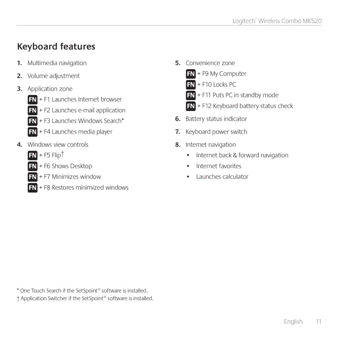 Logitech MK520 manual Multimedia navigation Volume adjustment Application zone 