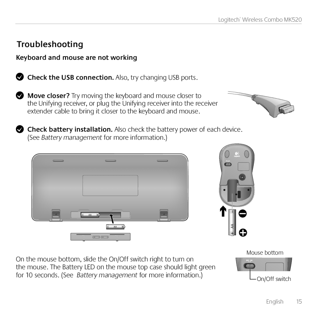 Logitech MK520 manual Troubleshooting, Keyboard and mouse are not working 