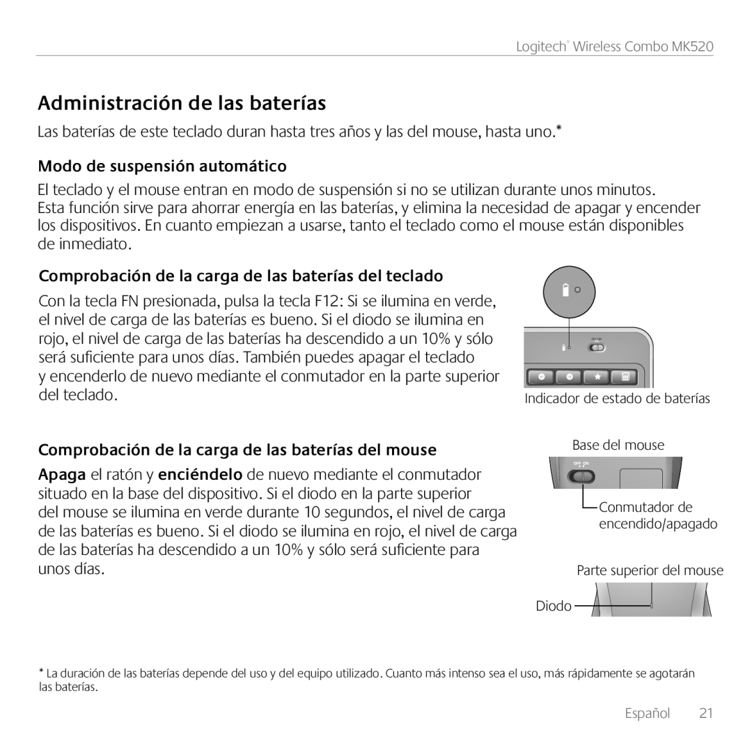 Logitech MK520 manual Administración de las baterías, Modo de suspensión automático 