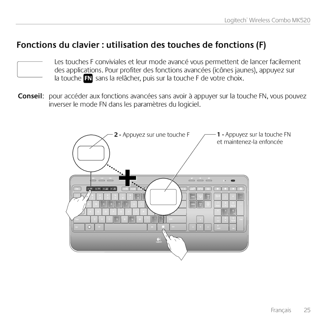 Logitech MK520 manual Fonctions du clavier utilisation des touches de fonctions F 