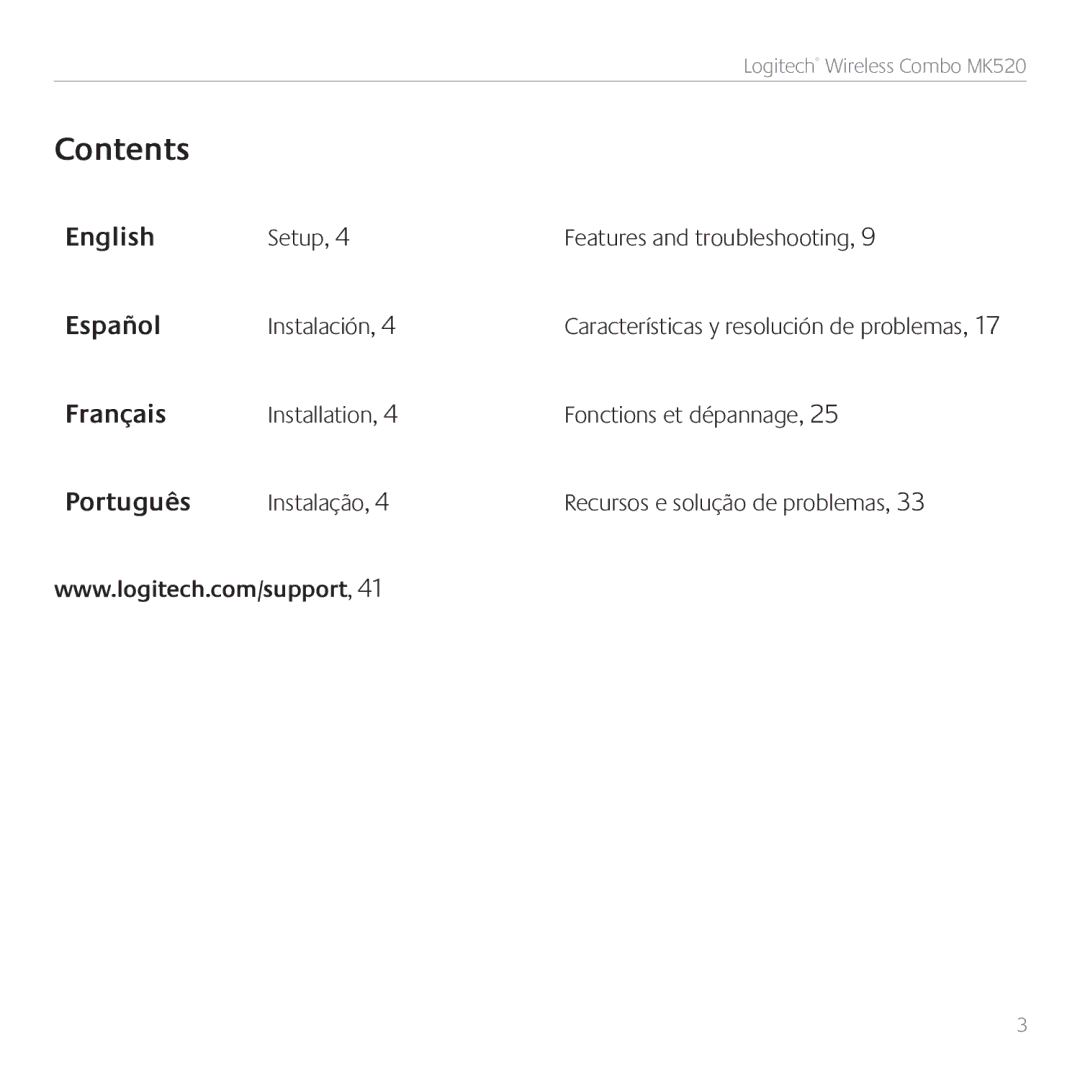 Logitech MK520 manual Contents 