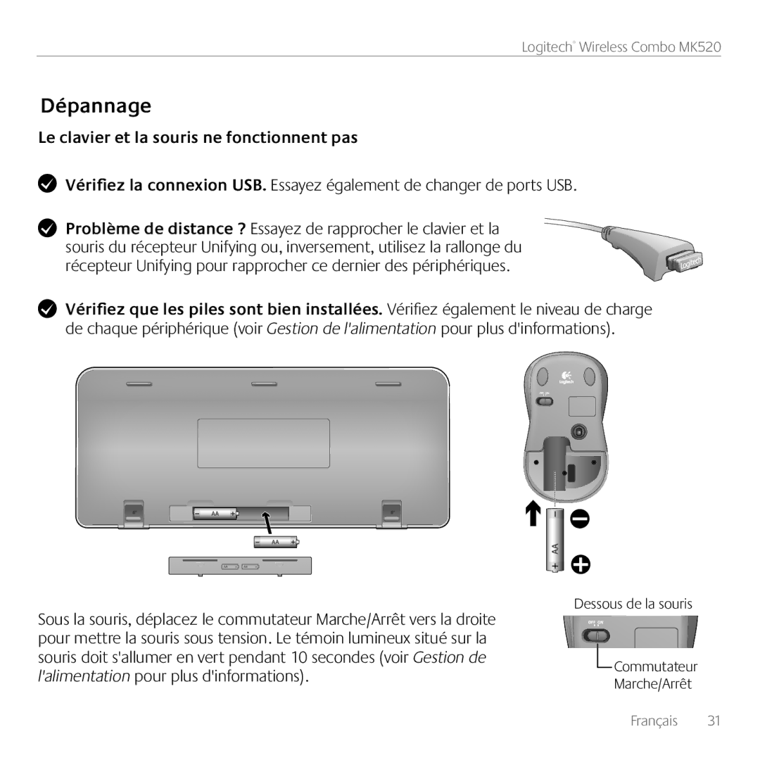 Logitech MK520 manual Dépannage, Le clavier et la souris ne fonctionnent pas 