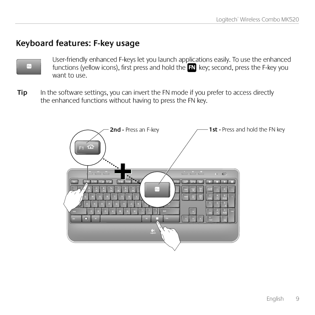 Logitech MK520 manual Keyboard features F-key usage 