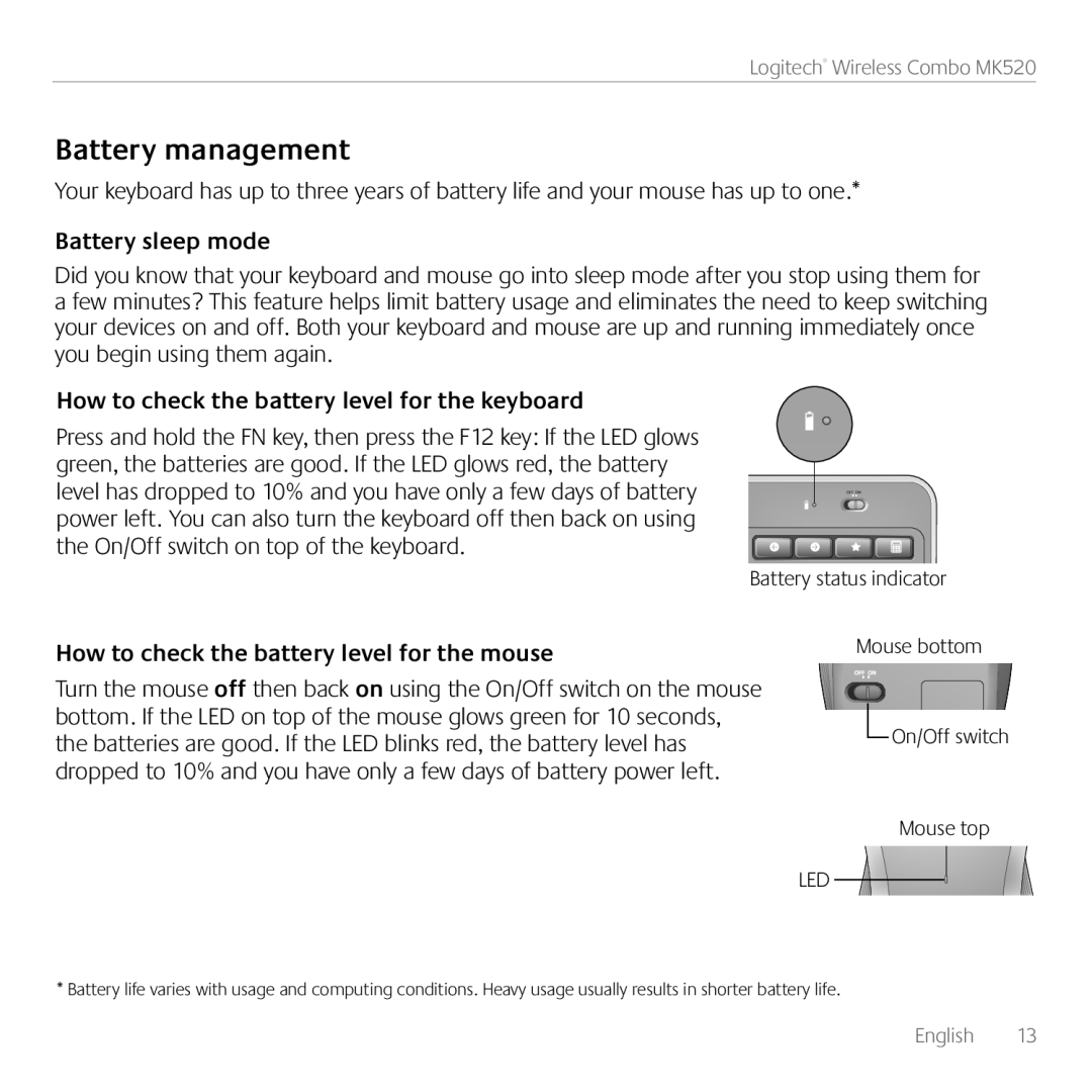Logitech MK520 manual Battery management, Battery sleep mode, How to check the battery level for the keyboard 