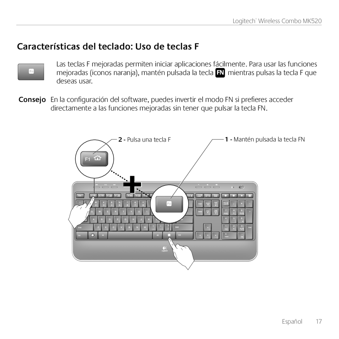 Logitech manual Características del teclado Uso de teclas F, Logitech Wireless Combo MK520, Pulsa una tecla F, Español 