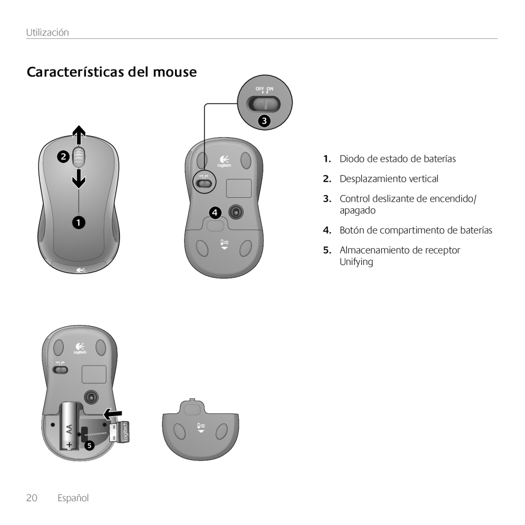 Logitech MK520 Características del mouse, Utilización, Diodo de estado de baterías 2. Desplazamiento vertical, Español 
