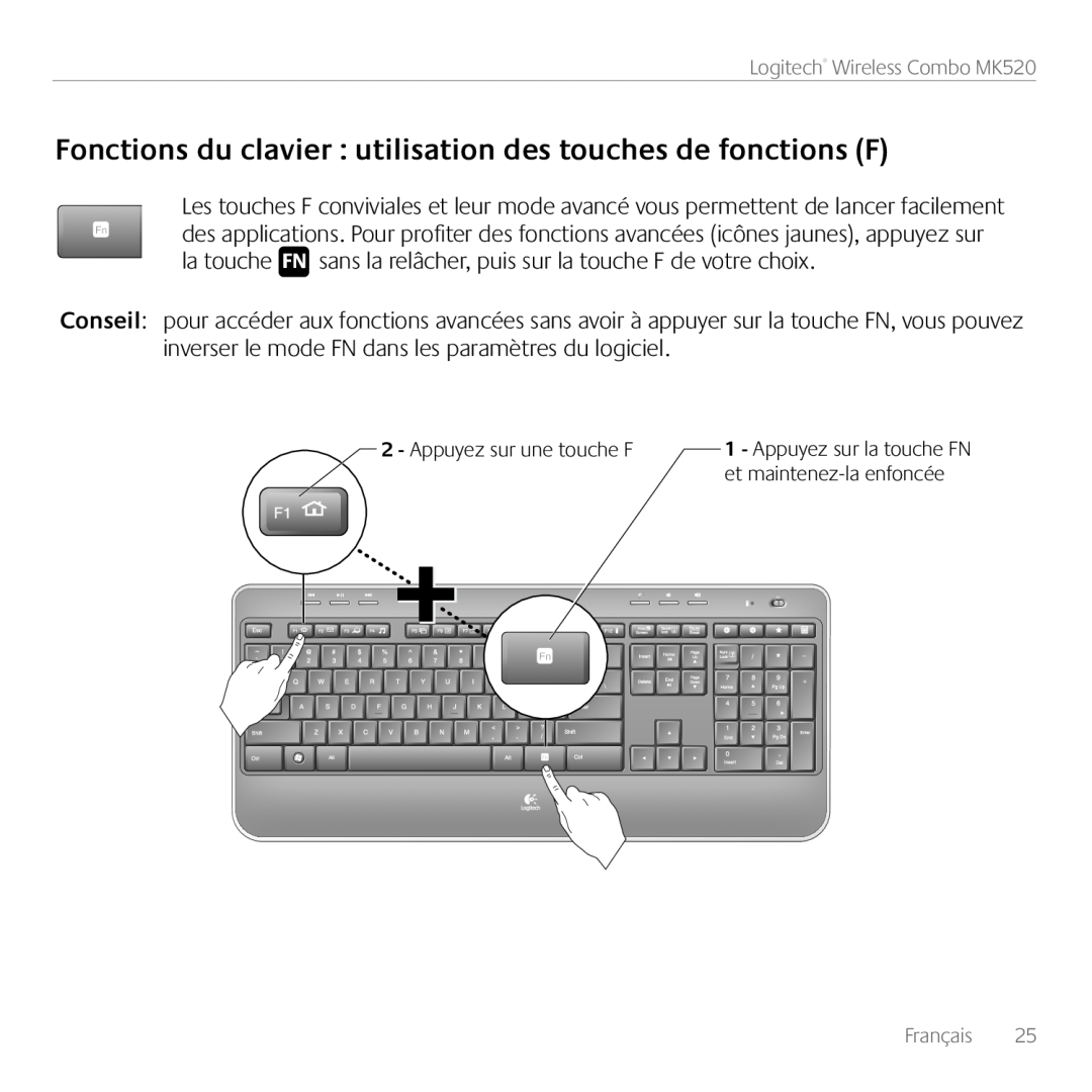 Logitech manual Fonctions du clavier utilisation des touches de fonctions F, Logitech Wireless Combo MK520, Français 