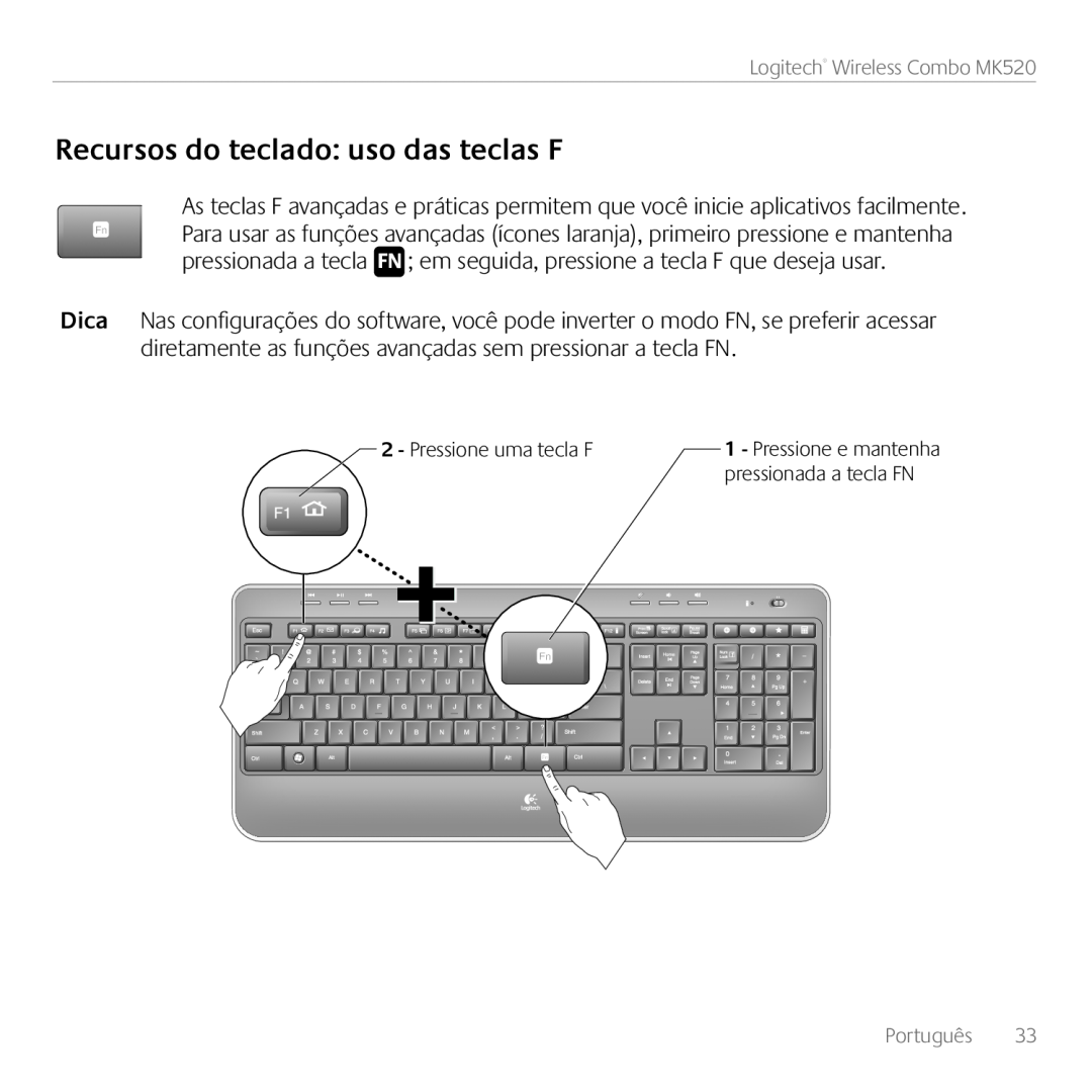 Logitech manual Recursos do teclado uso das teclas F, Logitech Wireless Combo MK520, Português 