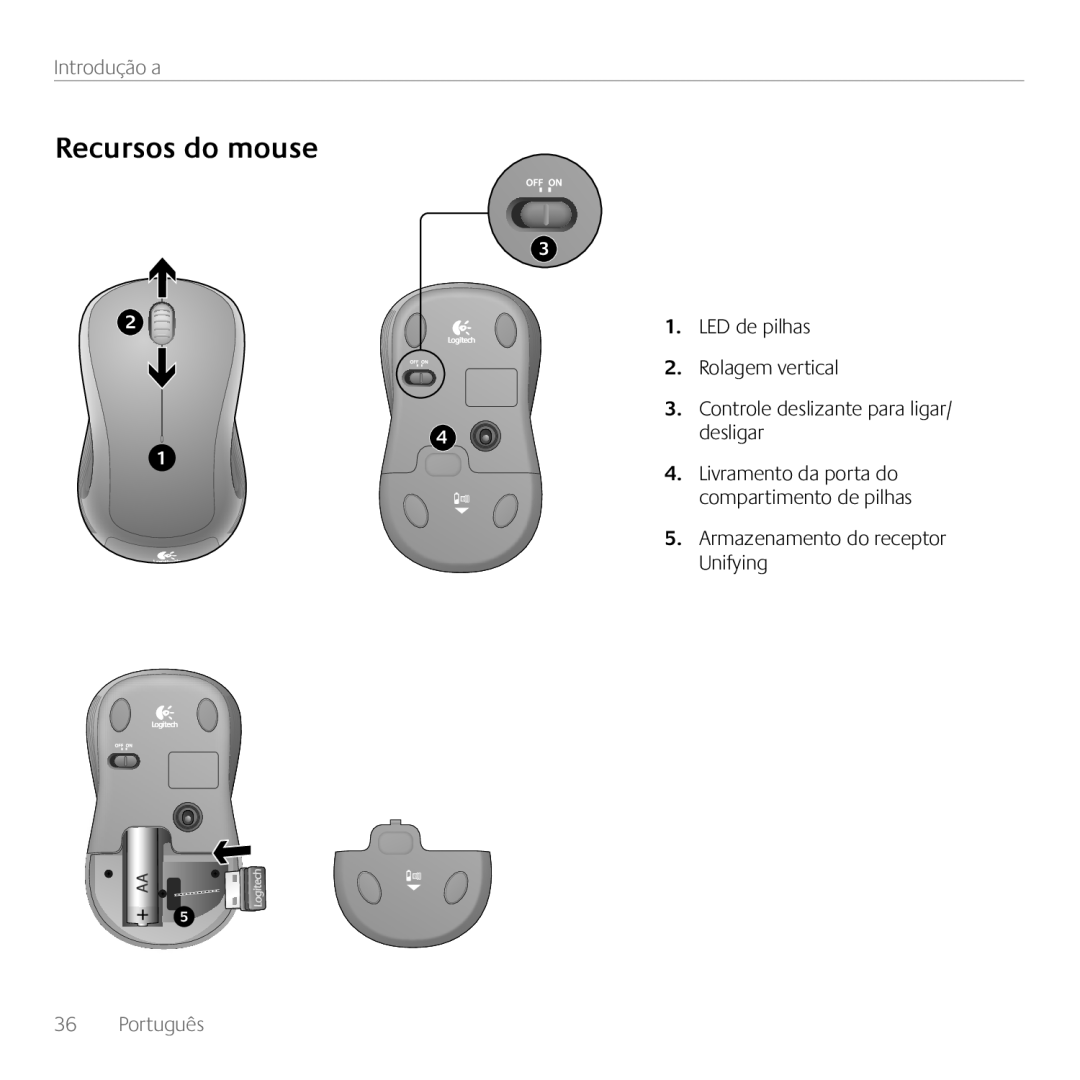 Logitech MK520 Recursos do mouse, Introdução a, LED de pilhas 2. Rolagem vertical, Armazenamento do receptor Unifying 