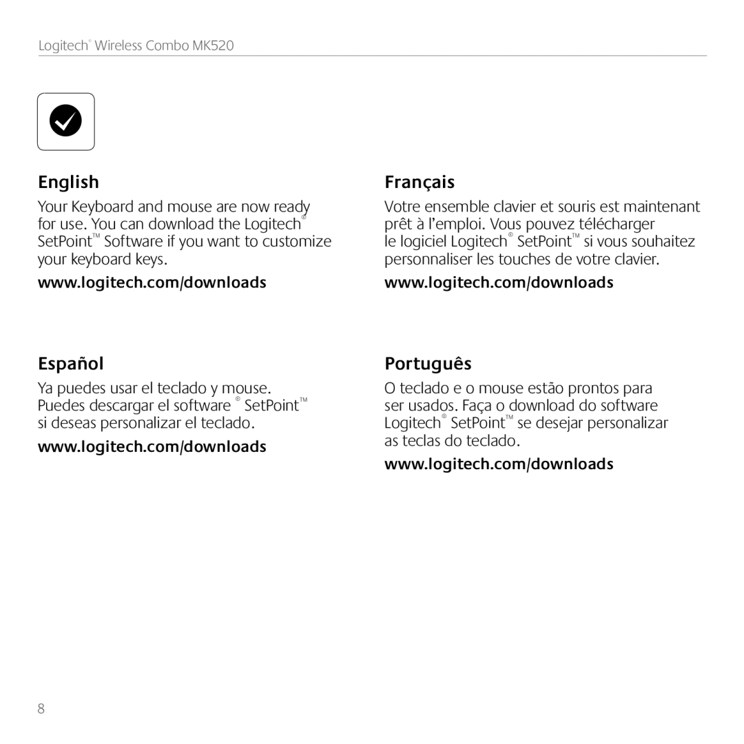 Logitech manual English, Français, Español, Português, Logitech Wireless Combo MK520 