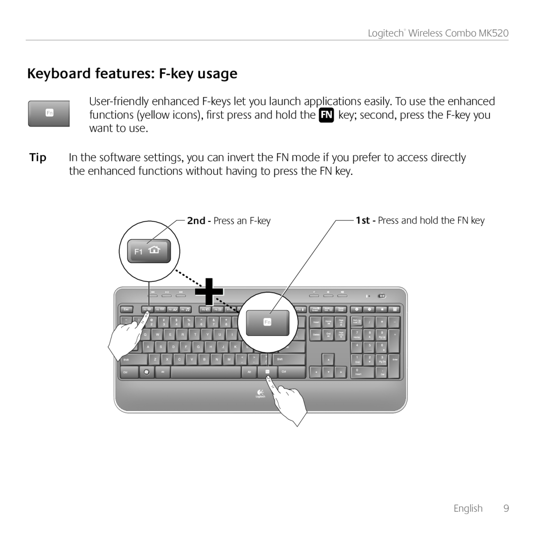 Logitech MK520 manual Keyboard features F-key usage, 2nd - Press an F-key 
