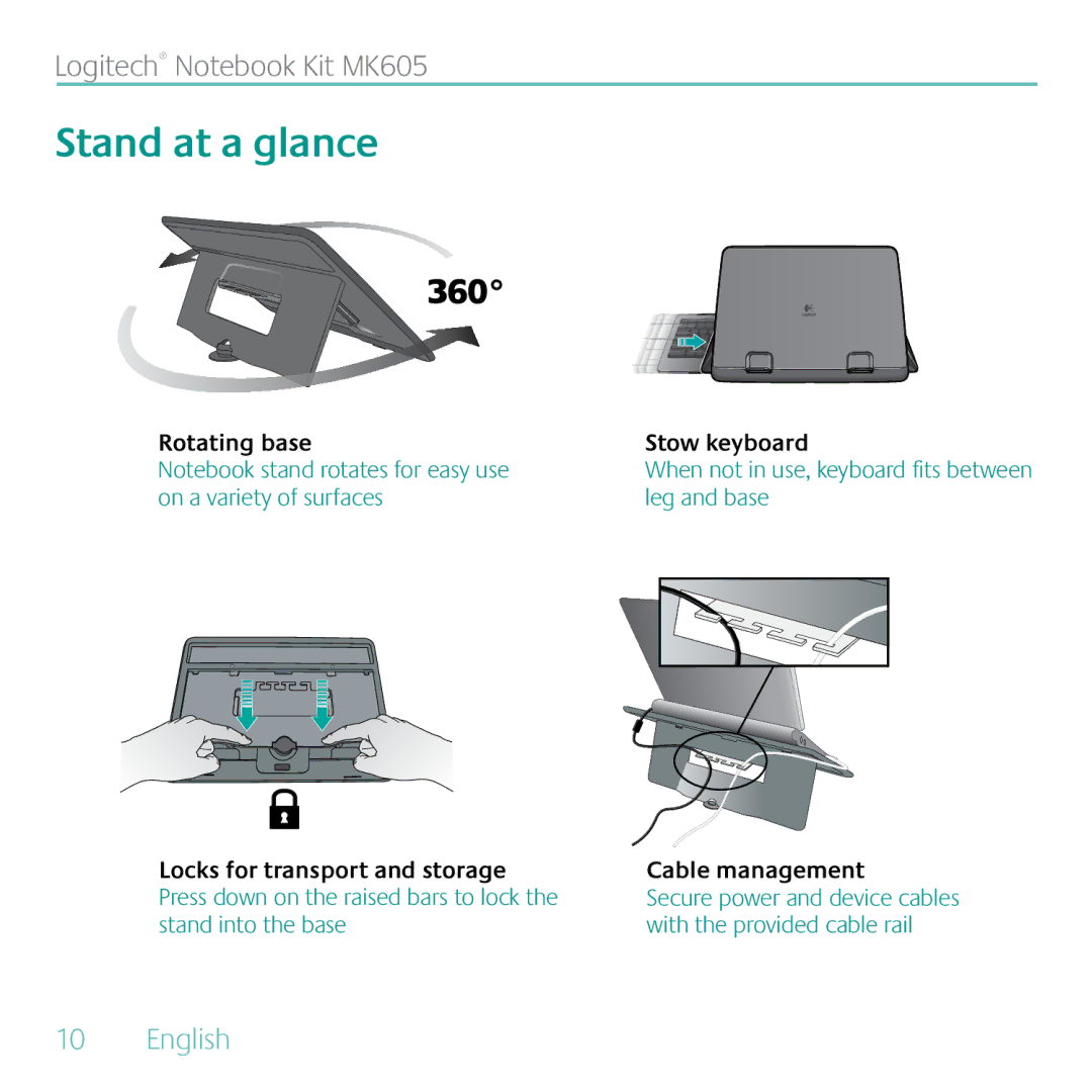 Logitech MK605 manual Stand at a glance, Rotating base Stow keyboard 