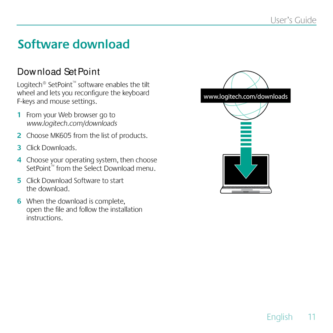 Logitech MK605 manual Software download, Download SetPoint 